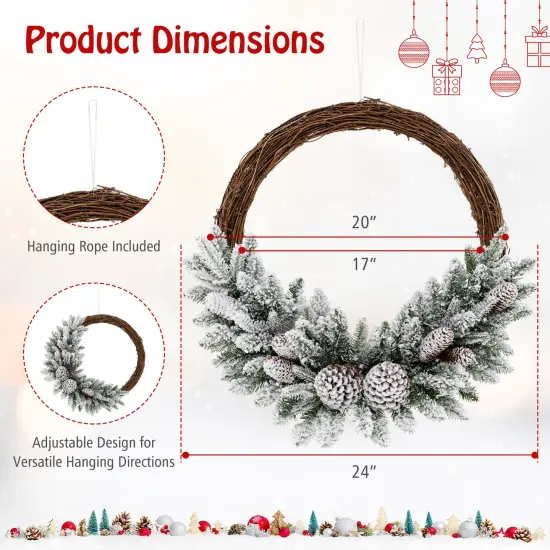 Pre-lit Snow Flocked Artificial Christmas Wreath with 8 Pine Cones and 35 LED Lights {5}