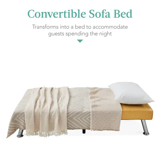 Best Choice Products Modern Faux Leather Convertible Futon Sofa w/ Removable Armrests, 2 Cupholders Camel Yellow {4}