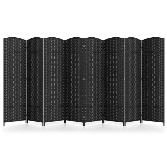 8-Panel Folding Room Divider with Hand-Woven Texture and Solid Wood Frame Black {1}