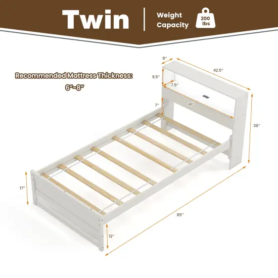 Wooden Twin Bed with Storage Headboard Charging Station LED Light and Under-bed Storage White {4}