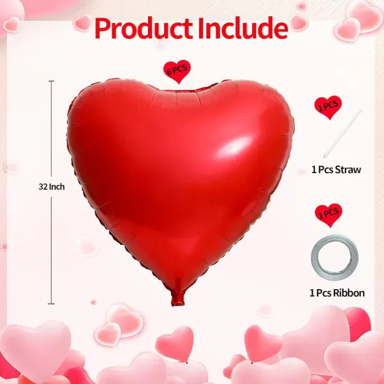 32 Inch Red Heart Balloons, 6 Pcs Heart Foil Balloons Heart Shaped Mylar Balloons for Valentines Day, Wedding, Bridal Shower and Birthday Party Decorations {2}