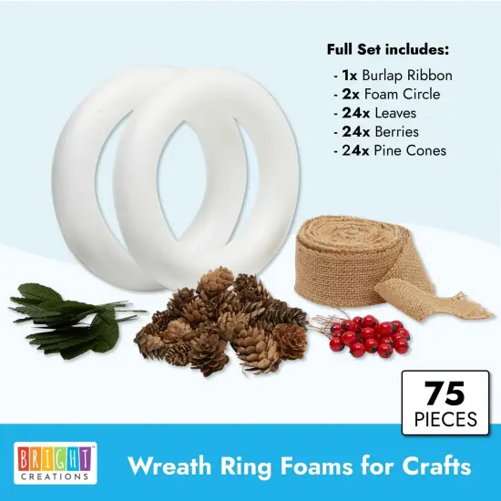 8 inch Wreath DIY Kit with 2 Craft Foam Rings, Burlap Ribbon, Berries, Pinecones (75 Pieces Set) Brown {3}