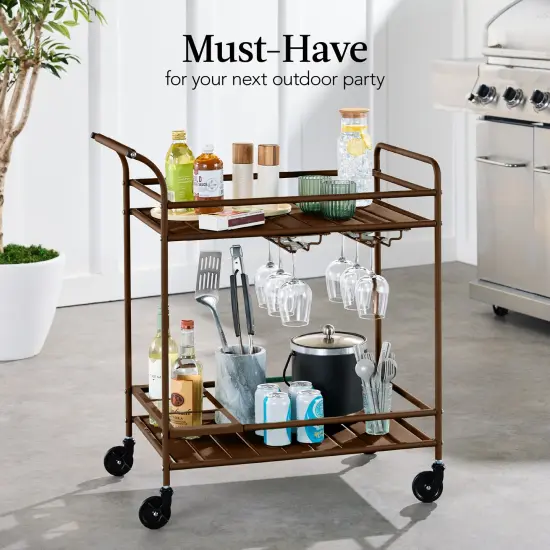 Best Choice Products 2-Tier Rolling Bar Cart Indoor/Outdoor w/ Storage Shelves, Wine Rack, Lockable Wheels Brown {3}