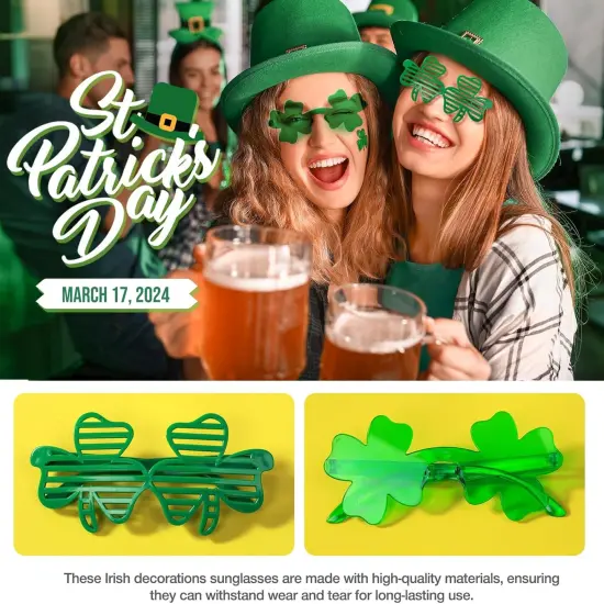 29Pack St Patricks Party Favors of 16pcs Shamrock Beads Necklace Bulk, 6pcs Clover Eyewear Sunglasses, 6pcs Green Hats Headband, 1pc St. Patrick's Day Stickers Party Dressing-up Costume Accessories {4}