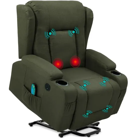 Best Choice Products Electric Power Lift Linen Recliner Massage Chair Furniture w/ USB Port, Heat, Cupholders Olive {1}