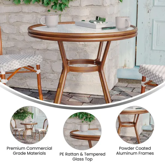 Merrick Lane Celia Bistro Style Table with Tempered Glass Top, PE Rattan, and Bamboo Finished Metal Frame for Indoor/Outdoor Use Black&White/Natural {10}