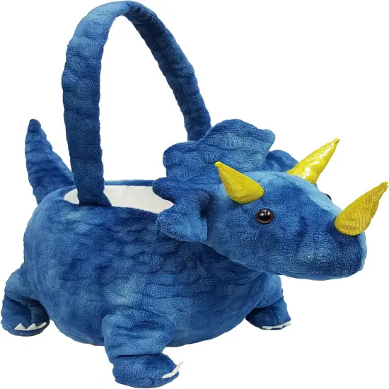 Adorable 3D Dark Blue Plush Triceratops Basket Easter Dinosaur Basket Easter Egg Hunting Basket Halloween Trick or Treat Basket {1}