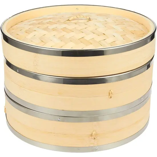 2-Tier 10 Inch Bamboo Steamer Basket with Steel Rings - Large Capacity Dumpling, Vegetable Steamer Basket (10x6.5x10 In) Brown {5}