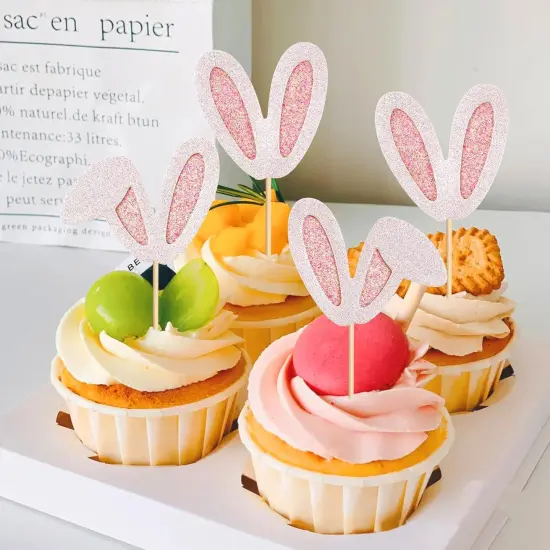 24 Pack Easter Bunny Ear Cupcake Toppers, Pink Glitter Rabbit Ears Cupcake Picks, Easter Day Cake Toppers for Easter Theme Spring Birthday Baby Shower Party Supplies {4}