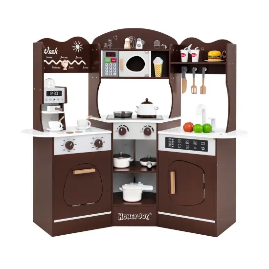 Wooden Corner Play Kitchen with Coffee Machine, Slide, and Storage for Kids Brown {1}