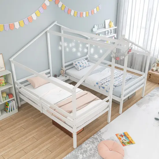Double Twin Size Wooden Bed Frames with Built-in Table for Kids-White {3}