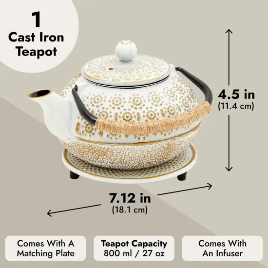 3 Piece Set White Japanese Cast Iron Teapot - Loose Leaf Tetsubin with Handle, Stainless Steel Infuser, and Trivet (27 oz, 800 ml) {3}