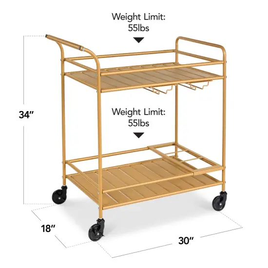 Best Choice Products 2-Tier Rolling Bar Cart Indoor/Outdoor w/ Storage Shelves, Wine Rack, Lockable Wheels Gold {2}