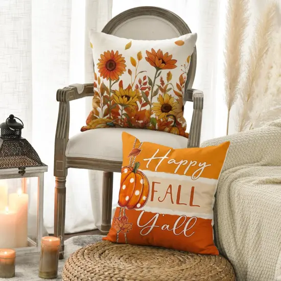 Happy Fall Y'all Pumpkin Floral Throw Pillow Covers {3}