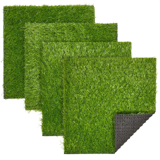 Juvale 4-Pack Non-Slip Artificial Grass Tiles for Indoor & Outdoor Use | 12x12 - 0.25 in Thick Mats | Easy to Clean & Durable, Soft Like Natural Lawn | Safe for Kids & Pets | Patio, Floor & Wall Decor Green {1}