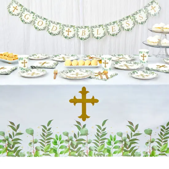 3-Pack Religious Table Covers for Easter Party, Baptism, First Communion, Catholic Gold Cross Plastic Tablecloth - 54x108 inch - Party Accessory for Themed Events and Special Occasions {2}