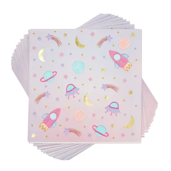 50 Pack Galaxy Space Napkins for Girls Outer Space Birthday Party Supplies (Pink, 5 In) {6}