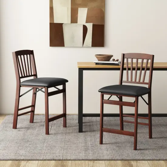Set of 2 Counter Height Chairs Folding Kitchen Island Stool with Padded Seat-Brown {2}