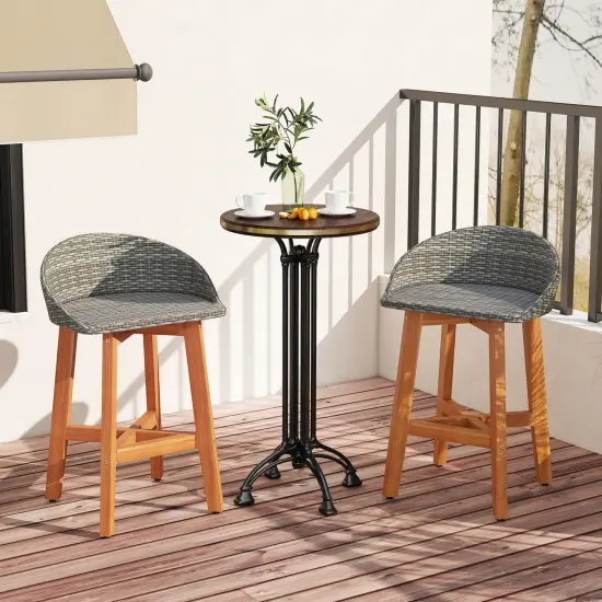 Costway Outdoor Faux Rattan Bar Chairs Set of 2/4 Solid Acacia Wood Bar Stools for Porch Brown/Gray {4}