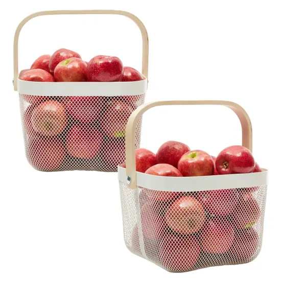 4 Pack Square Metal Mesh Fruit Basket with Wooden Handle for Kitchen, Pantry Storage and Organization (9.5 x 7 In, White) {6}