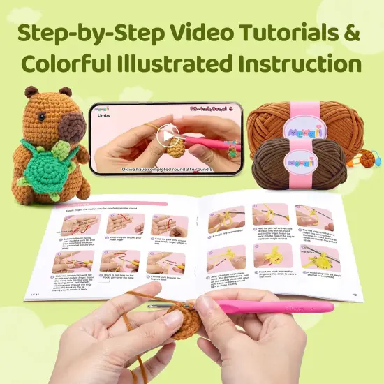 Crochet Kit for Beginners Level 1 with 40% Extra Eco-Friendly Pre-Started Easy Yarn, Step-by-Step Video Tutorials for Adults and Kids (Capybara) {3}