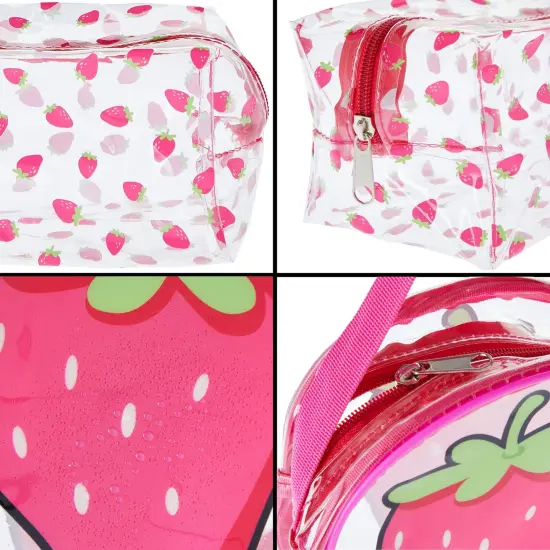 Set of 2 Strawberry Makeup Bag for Face Powder, Mascara, Lipgloss, Clear Travel Bags for Toiletries (2 Designs) Pink {3}