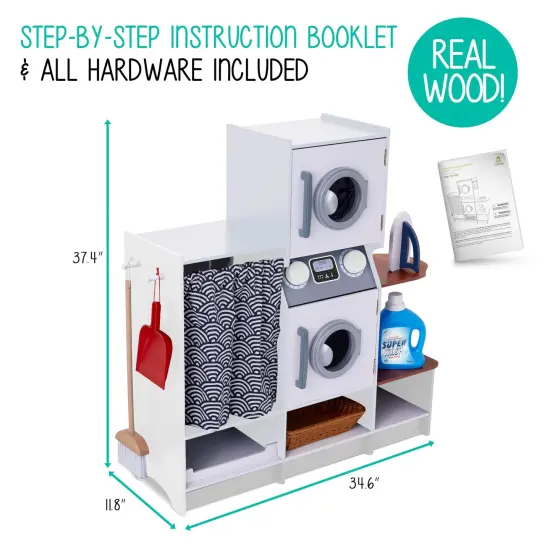 Lil' Jumbl Wooden Pretend Laundry Playset for Kids with Washer and Dryer White {3}