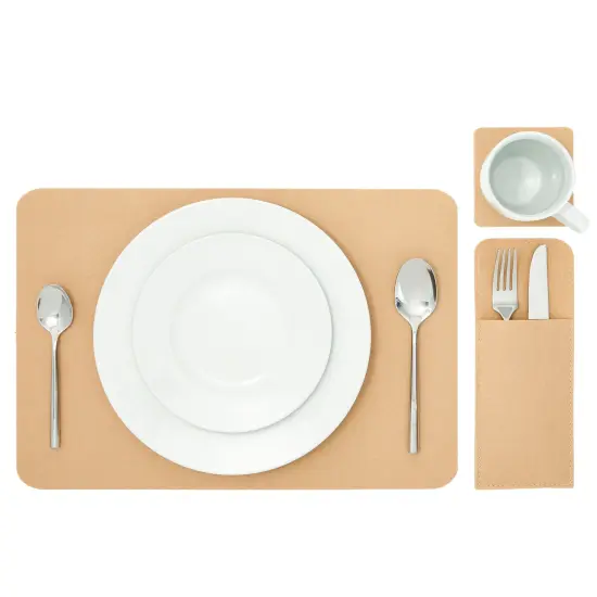Felt Table Placemats Set of 8 for Dining Table and Kitchen Decor with Drink Coasters and Cutlery Pouches (Beige, 24 Pieces) Brown {3}