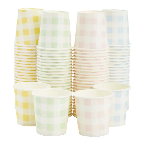 100 Pack 4 Oz Mini Disposable Paper Cups for Espresso, Mouthwash, Tea, Coffee - Gingham Pastel Multicolor {7}