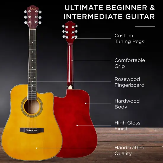 Best Choice Products 41in Full Size Beginner Acoustic Guitar Set with Case, Strap, Capo, Strings Aged Natural {4}