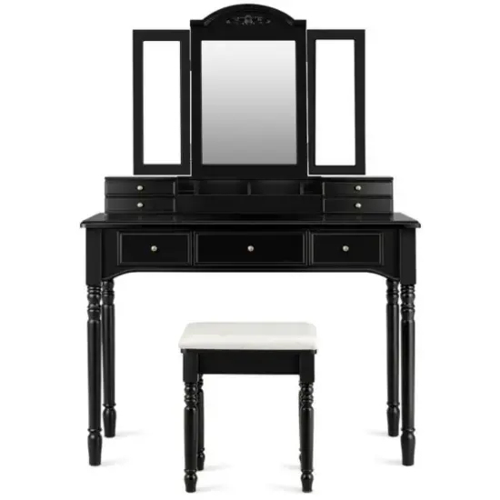Makeup Dressing Table with Tri-Folding Mirror and Cushioned Stool Perfect for Women White {9}