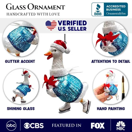 Playful Goose in Skates Glass Christmas Ornament, Whimsical Cute Duck Tree Decor {3}
