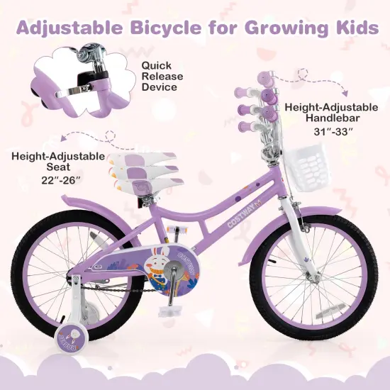 18 Inch Pink Girl Bike with Basket, Detachable Training Wheels for Kids 4-8 Years Old {6}