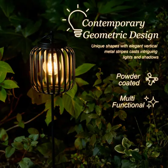 Set of 2 33"H Black Metal Stripes Solar Powered Outdoor Lantern with Edison Bulb and Stake {3}