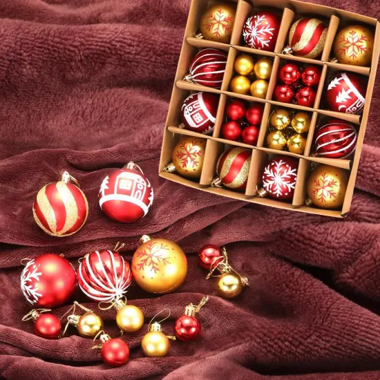 Christmas Tree Ornaments Set，Champagne Gold/Red Christmas Ball Ornaments Set of 44 Pack Decorative Hanging Ball Ornaments Bulk for Xmas Holiday Party Indoor Decor {2}