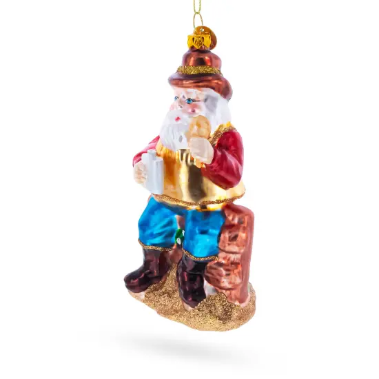Cowboy Santa with Drink and Drumstick Glass Christmas Ornament {3}