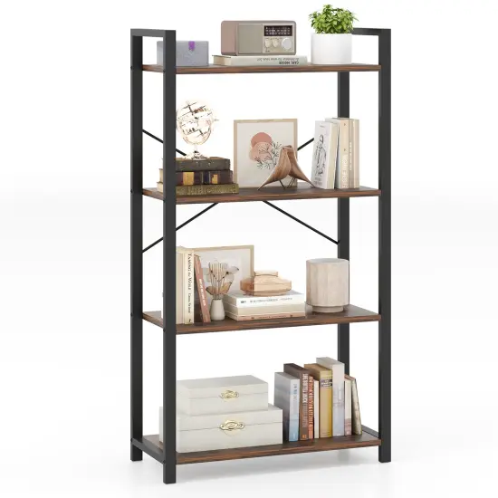 Rustic Brown 4-Tier Bookshelf with Heavy Duty Metal Frame Perfect for Any Room {4}