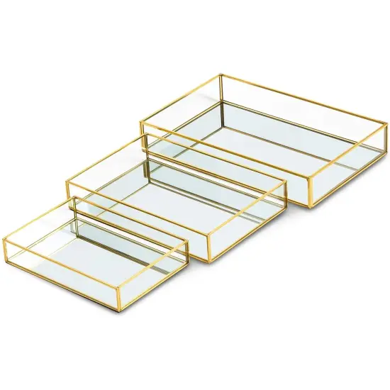 Set of 3 Gold Mirror Vanity Tray for Perfume, Makeup Display, Decorative Rectangle Glass Jewelry Organizer for Bathroom, Dresser (3 Sizes) {1}