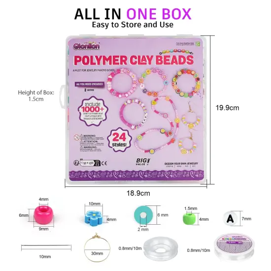 1000PCS Polymer Clay Beads Bracelet Making kit, 24 Style Cute Fun Fruit Flower Rainbow Butterfly Animal Heart Star Beads Charms for Jewelry Necklace Making Gift for Girls Kids {2}