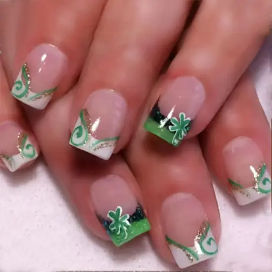 St.Patrick's Day Press On Nails Short Square Fake Nails Glitter Clover Design Acrylic Press on Nails Green White French Tip False Nails Glossy Glue on Nails Short Lucky Stick on Nails for Women 24PCS {2}