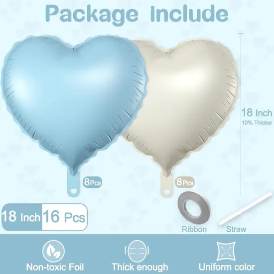 16 Pcs Heart Balloons, 18 Inch Blue White Sand Love Heart Shaped Foil Balloons for Wedding Anniversary Birthday Party Valentine Decorations Baby Shower Bridal Shower Engagement Decorations Supplies {2}