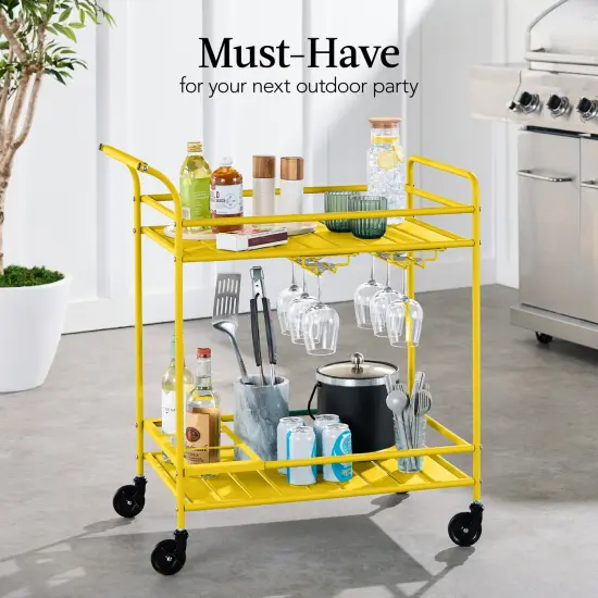 Best Choice Products 2-Tier Rolling Bar Cart Indoor/Outdoor w/ Storage Shelves, Wine Rack, Lockable Wheels Yellow {3}