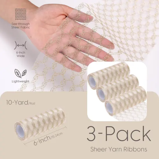 6-Inch-Wide Sheer Glitter Yarn Ribbon, Decorative Mesh Ribbon for Christmas Trees, Wreaths, Garlands, Art Crafts, Bouquets, Seasonal Decorations (3-Pack, 10-Yard/Pack, Champagne) {6}