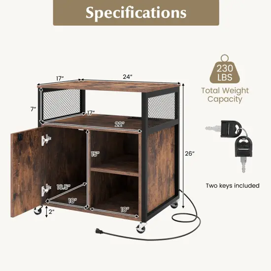 File Cabinet on Wheels with Charging Station and Cable Management Hole Brown {5}