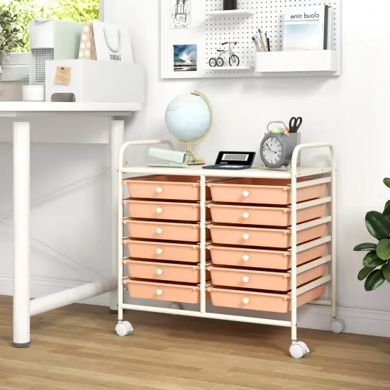12 Removable Drawers Rolling Storage Cart with 4 Universal Wheels and Metal Frame Peach {2}