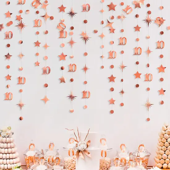 Rose Gold 10th Birthday Decorations Number 10 Circle Dot Twinkle Star Garland Metallic Hanging Streamer Bunting Banner Backdrop for Girls Boys Ten Year Old Birthday 10th Anniversary Party Supplies {3}