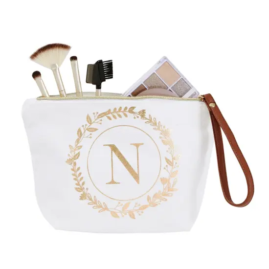 Gold Initial N Personalized Makeup Bag for Women, Monogrammed Canvas Cosmetic Pouch (White, 10 x 3 x 6 In) {7}
