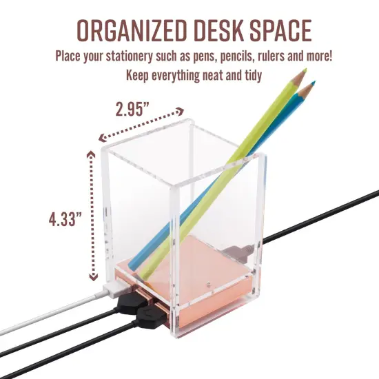 Acrylic Pen Holder with USB 3.0 Hub for Transfer Files Data, 2 in 1 Pencil Cup (Cable Included), Rose Gold Clear {5}