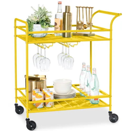 Best Choice Products 2-Tier Rolling Bar Cart Indoor/Outdoor w/ Storage Shelves, Wine Rack, Lockable Wheels Yellow {1}