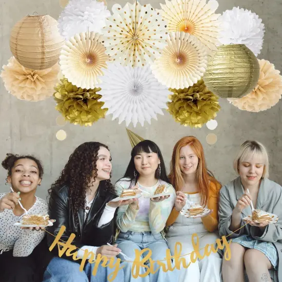 White Gold Champagne Birthday Party Decorations Tissue Pom Poms Hanging Paper Fan Paper Lanterns Gold Party Decoration for Women Girls Happy Birthday Wedding Engagement Baby Shower Decoration {3}